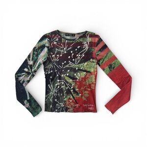 Vintage Cop Copine Paris Mesh Top Flocked 3D Dots Sheer Y2K Long Sleeve